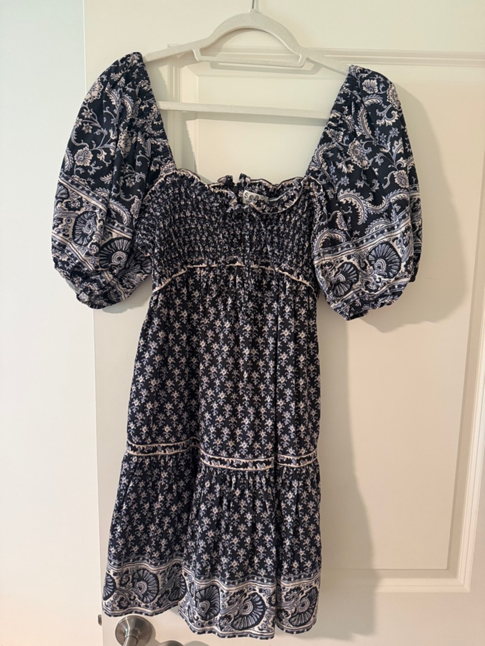 Sea New York Navy Blue Floral Smocked Puff-Sleeve Dress